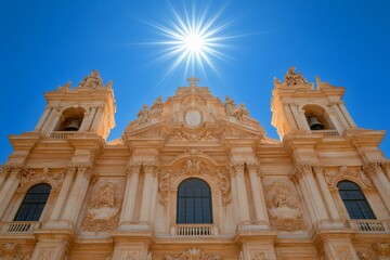 Ornate church facade under a bright sun