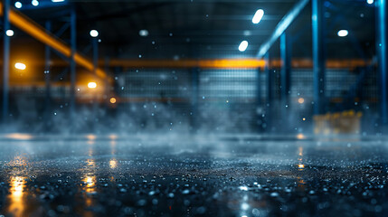 Misty warehouse floor with raindrops creating reflective surface, evoking serene atmosphere