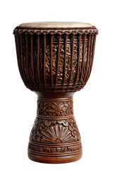 Intricately carved African djembe drum displayed at a dynamic angle against a white background