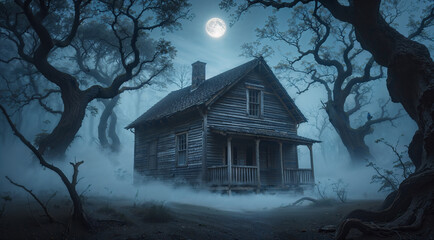 Old wooden cabin in dark misty forest, moonlight shining through twisted trees in eerie silence.