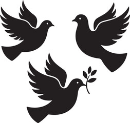 A symbolic vector illustration set of black dove icons on a white background