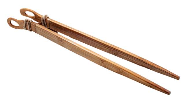 Laotian sticky rice bamboo tongs for cooking, studio-quality lighting, isolated on a white background