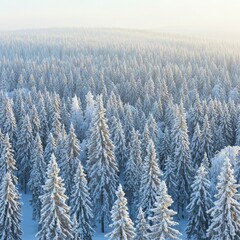 Aerial View of Snowy Pine Forest in Winter