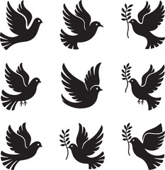 A symbolic vector illustration set of black dove icons on a white background