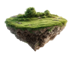 Verdant landscape floating weightlessly, grassy terrain hovering on transparent background, PNG