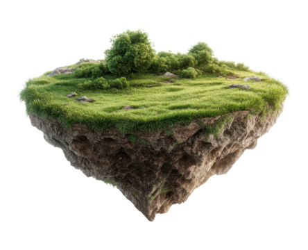 Verdant landscape floating weightlessly, grassy terrain hovering on transparent background, PNG