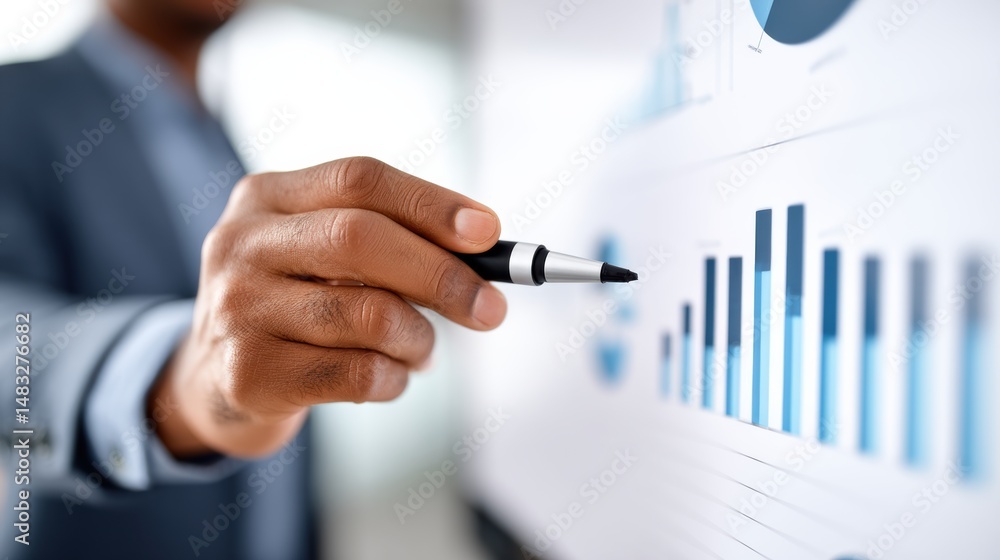 Poster a business professional points at a bar graph during a data presentation, highlighting financial ana