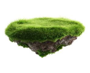 Grassy landscape hovering weightlessly, revealing surreal dreamscape  on transparent background, PNG