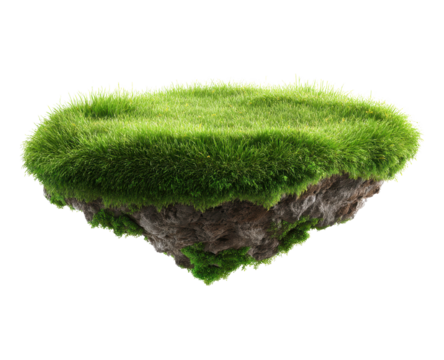 Grassy landscape hovering weightlessly, revealing surreal dreamscape  on transparent background, PNG
