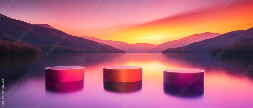 Poster three round objects are floating on the water