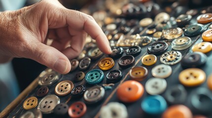 A hand selecting a button from a large collection.