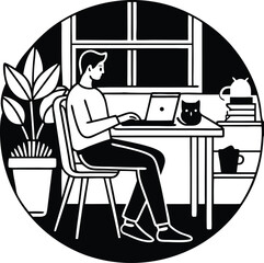 Home Office Companion:  A simple line art illustration depicts a relaxed man working on his laptop, enjoying the company of a cat in a home office setting.