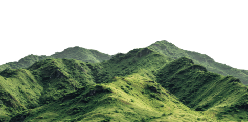 Mountain ridge displaying lush green peaks against transparent backdrop, ideal for nature themed graphic design, environmental concepts, and outdoor creative compositions, PNG