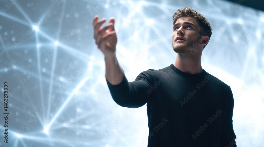 Poster a man gestures upward, standing in front of a digital, futuristic network background glowing with co
