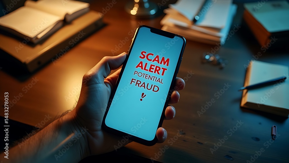 Poster mobile screen displaying fraud warning message to alert user about online scam risk and cybersecurit