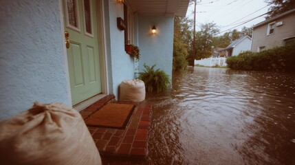 Fototapeta premium Flooded Entrance of a House with Water Accumulation and Outdoor Decor Elements