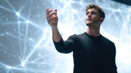 A man gestures upward, standing in front of a digital, futuristic network background glowing with connected points.