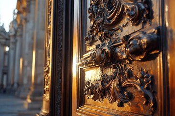 Ornate wooden doors in sunlight