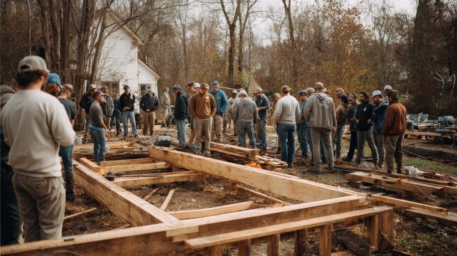 Construction project with people assembling wooden structure