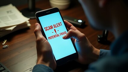 Person Holding Phone Showing Scam Alert Notification Warning About Potential Fraud in a Home Office Setting