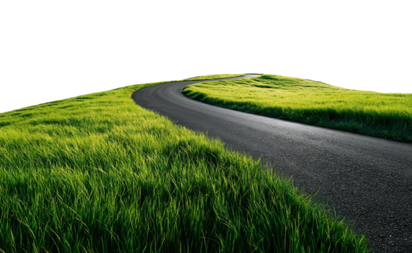 Winding asphalt road traversing verdant fields, revealing serene landscape journey through lush countryside with transparent background, ideal for travel graphic design, PNG - Powered by Adobe