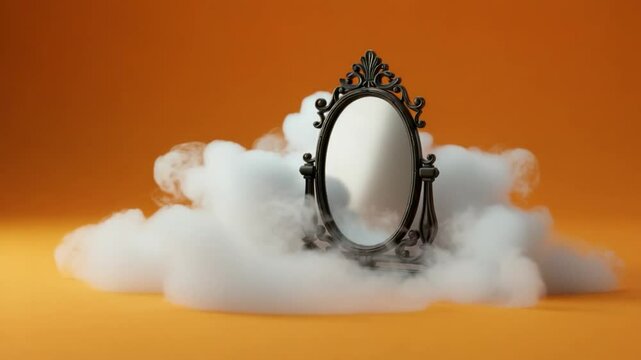 Vintage mirror surrounded by ethereal smoke on an orange background
