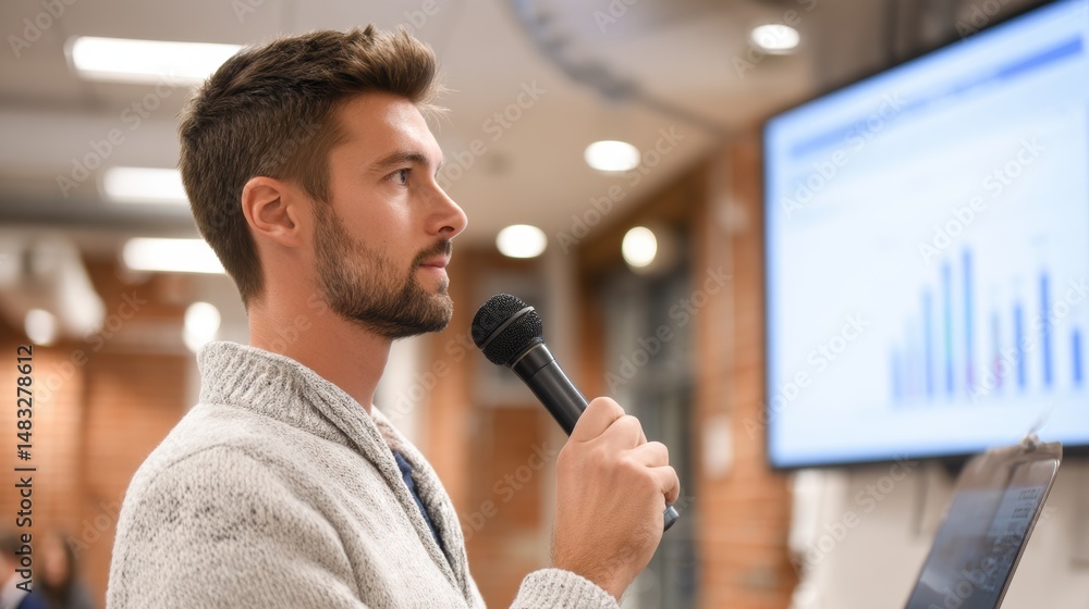 Poster a young man speaks into a microphone while presenting data on a screen in a modern indoor setting.