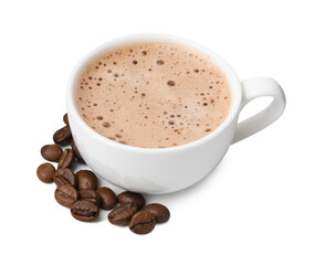 Aromatic coffee in cup and beans isolated on white