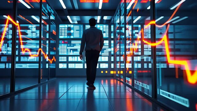 Person Walking in Data Center with Orange Graph Lines and Server Racks in High Tech Environment at Night - Powered by Adobe
