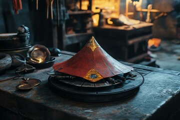 A mockup of a branded monk ceremonial hat assembler, placed on a crafting station