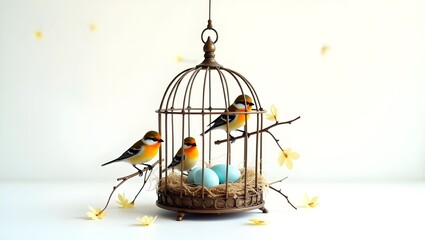 Vintage Birdcage with Blue Eggs Surrounded by Colorful Birds – A Serene Touch of Avian Charm