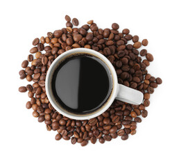 Aromatic coffee in cup and pile of beans isolated on white, top view