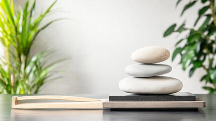 Obraz premium Stacked stones and a wooden rake create a miniature zen garden, promoting mindfulness and tranquility in a serene setting