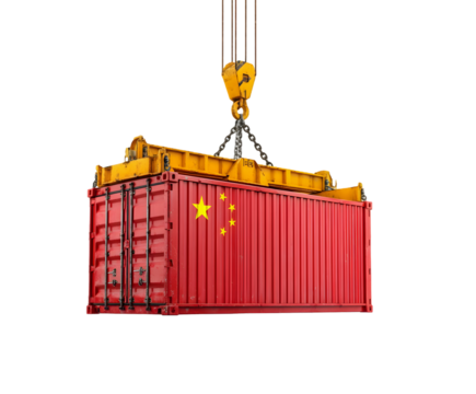 China Flag Shipping Container Being Lifted by Crane Transparent Background