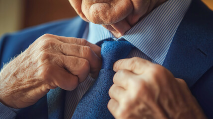 Close-up of elderly man’s hands tying blue necktie over formal shirt, symbolizing dignity, aging style, occasion preparation and personal pride
