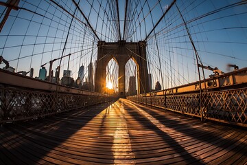 Fototapeta premium Golden Hour Illuminates Arches, Cables, & Wood Planks of Brooklyn Bridge