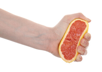 Woman squeezing grapefruit on white background, closeup