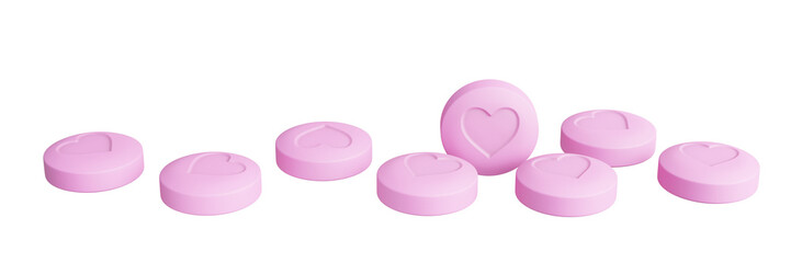 Pink birth control pills with imprint isolated on transparent background. Medicine for women’s health: oral contraceptive tablets with hormonal regulation. 3d illustration.