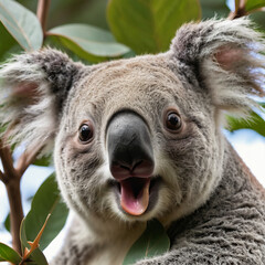 Obraz premium A joyful koala sits among lush green eucalyptus leaves, its wide smile suggesting curiosity and intrigue while basking in the warm glow of the Australian sun Generative AI