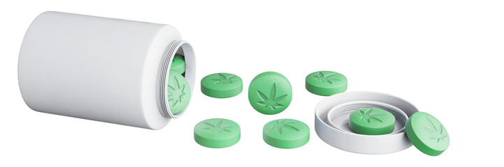 Prescription bottle contains with cannabis tablets isolated on transparent background. Medical marijuana concept. 3d illustration.