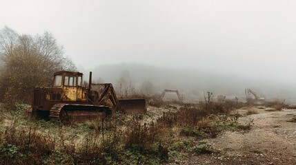 Fototapeta premium Abandoned rusty tractors in a foggy landscape.