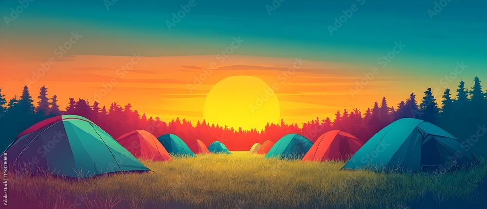 Poster a group of tents are set up in a field with a sun in the background