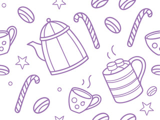 Seamless holiday pattern with teapots, mugs, candy canes, and stars in purple line art. Cozy festive drink design for winter themes. Perfect for seasonal wrapping and kitchen decor.