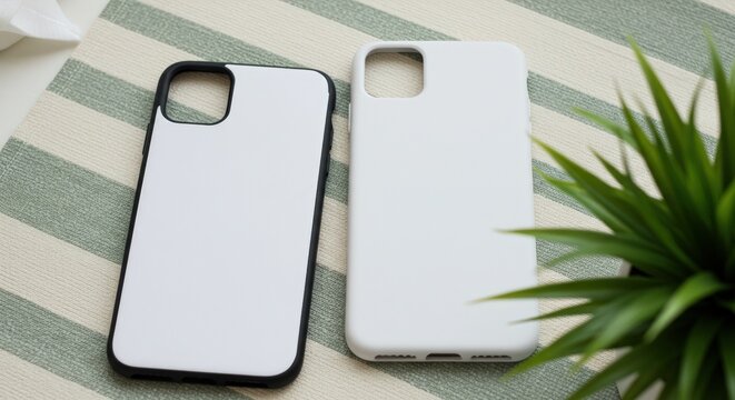 Two smartphone cases on a striped surface with a plant in the background
