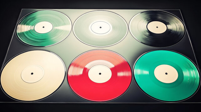 Vintage vinyl records layering colorful surfaces, highlighting intricate grooves and textural details of analog music medium