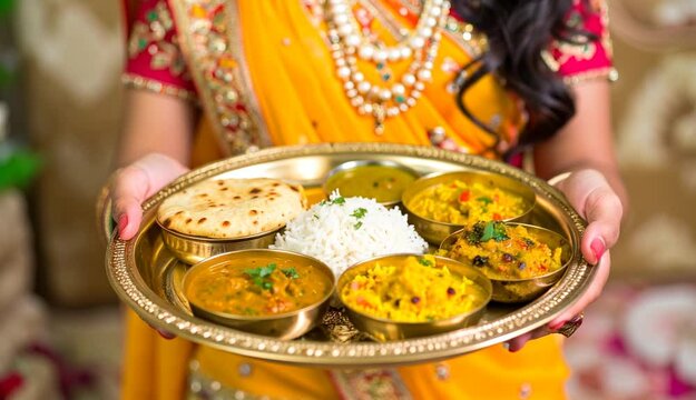 Beautiful Indian woman wearing a yellow sari and jewelry serving a Thali platter with various dishes, indoors capture.