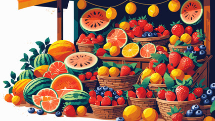 Vibrant fruit market display with assorted fruits in baskets on white background, healthy food concept, copy space