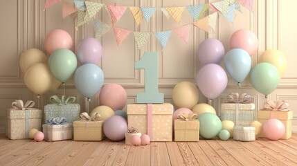 Pastel-toned first birthday party scene with balloons, gifts, and decorations