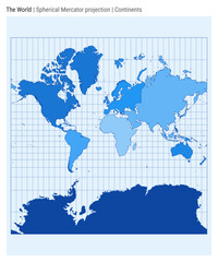 World Map. Spherical Mercator projection. Continents style. High Detail World map for infographics, education, reports, presentations. Vector illustration.
