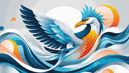 Obraz premium Stylized phoenix rising with colorful waves on abstract background, artistic representation, nature concept, copy space